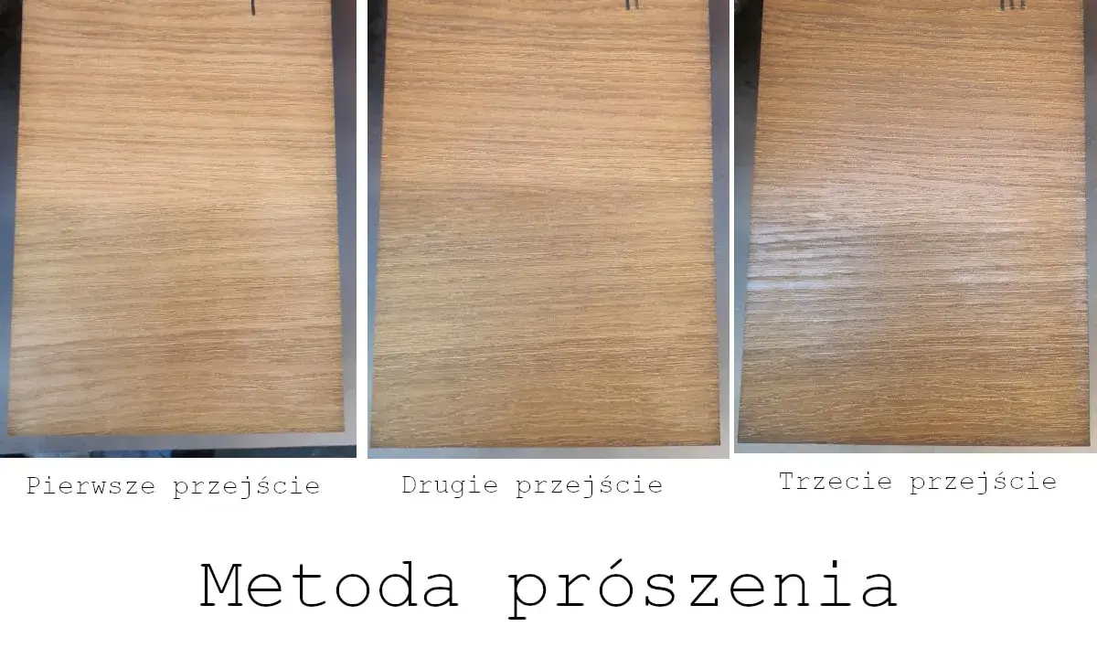 Trzy próbki drewna pokazujące efekt bielenia po kolejnych przejściach metodą prószenia.