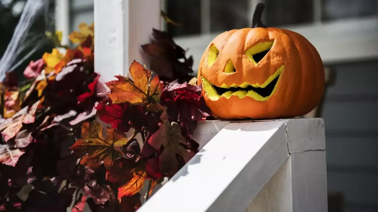 Uśmiechnięta dynia z wyciętymi oczami i zębami, otoczona jesiennymi liśćmi i pajęczyną. Idealne dekoracje z dyni ozdobnej na Halloween.