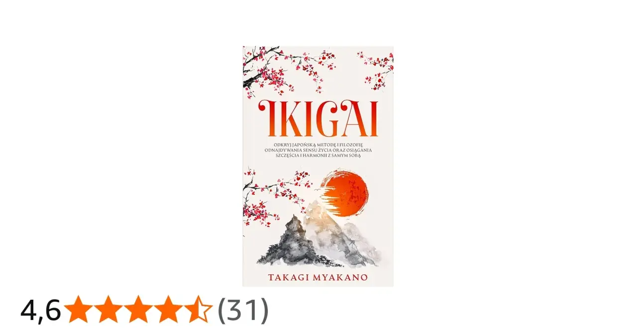 Okładka książki "Ikigai co to" z japońskim krajobrazem i kwitnącą wiśnią.