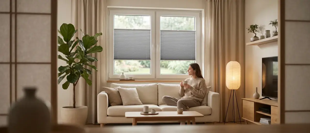Kobieta pije kawę w salonie w stylu japandi. Jasna sofa, duża roślina i lampa tworzą przytulną atmosferę.