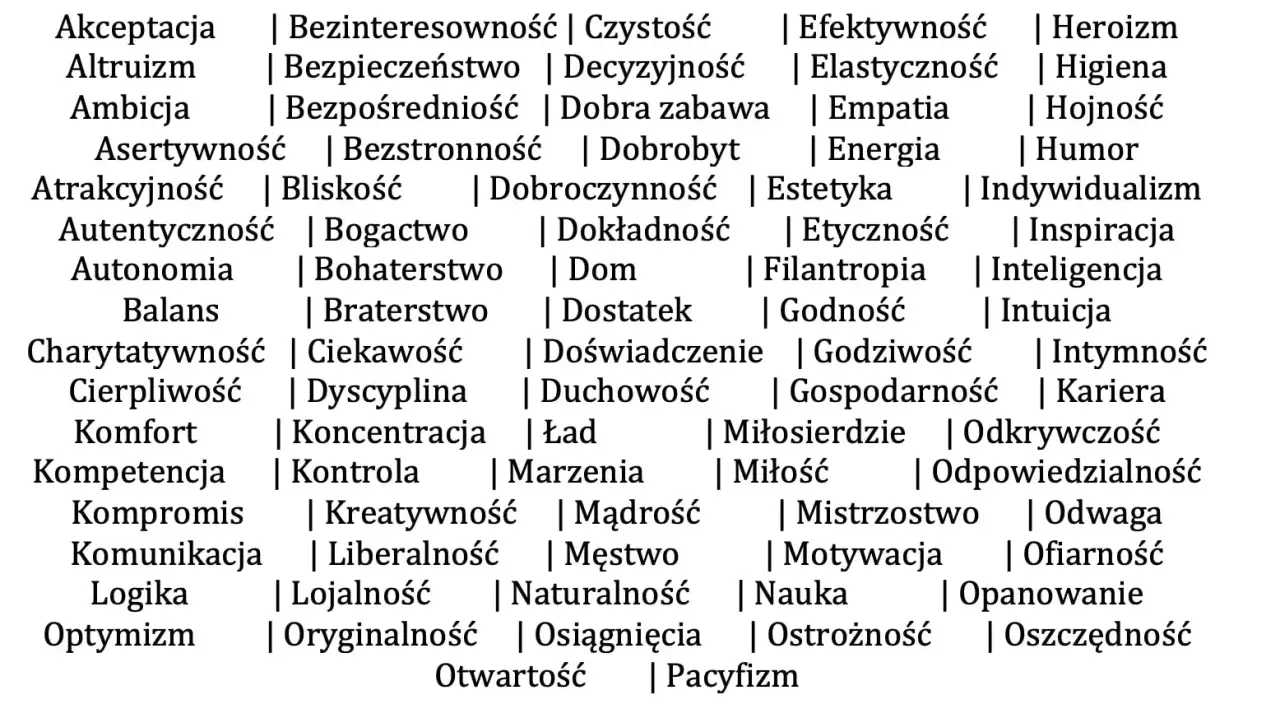 Lista wartości w życiu: akceptacja, altruizm, ambicja, empatia, miłość, odwaga, odpowiedzialność, optymizm, mądrość, uczciwość.