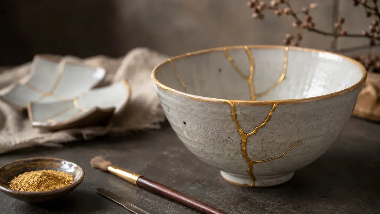 Piękna miska i talerze ozdobione złotymi żyłkami – to japońska sztuka klejenia porcelany, kintsugi.