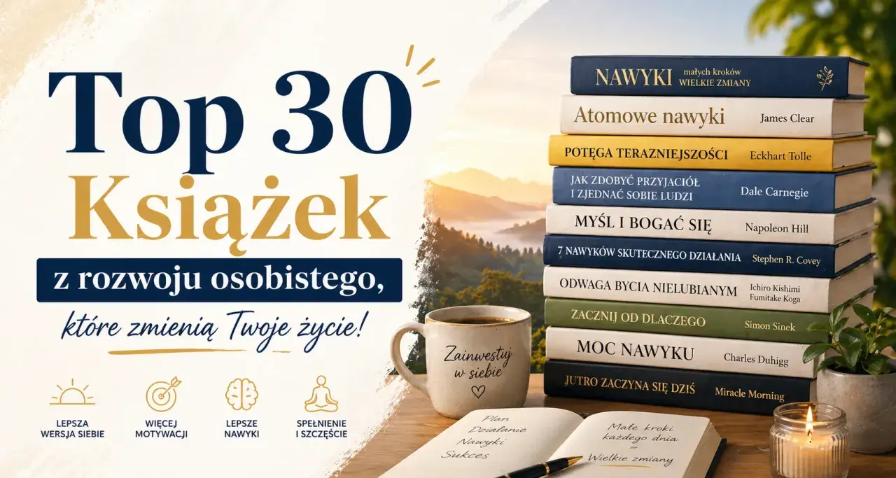 Top 30 książek z rozwoju osobistego, które zmieniają Twoje życie. Stosik inspirujących tytułów, kubek z napisem "Zainwestuj w siebie" i notatnik z hasłem "Małe kroki każdego dnia = Wielkie zmiany".