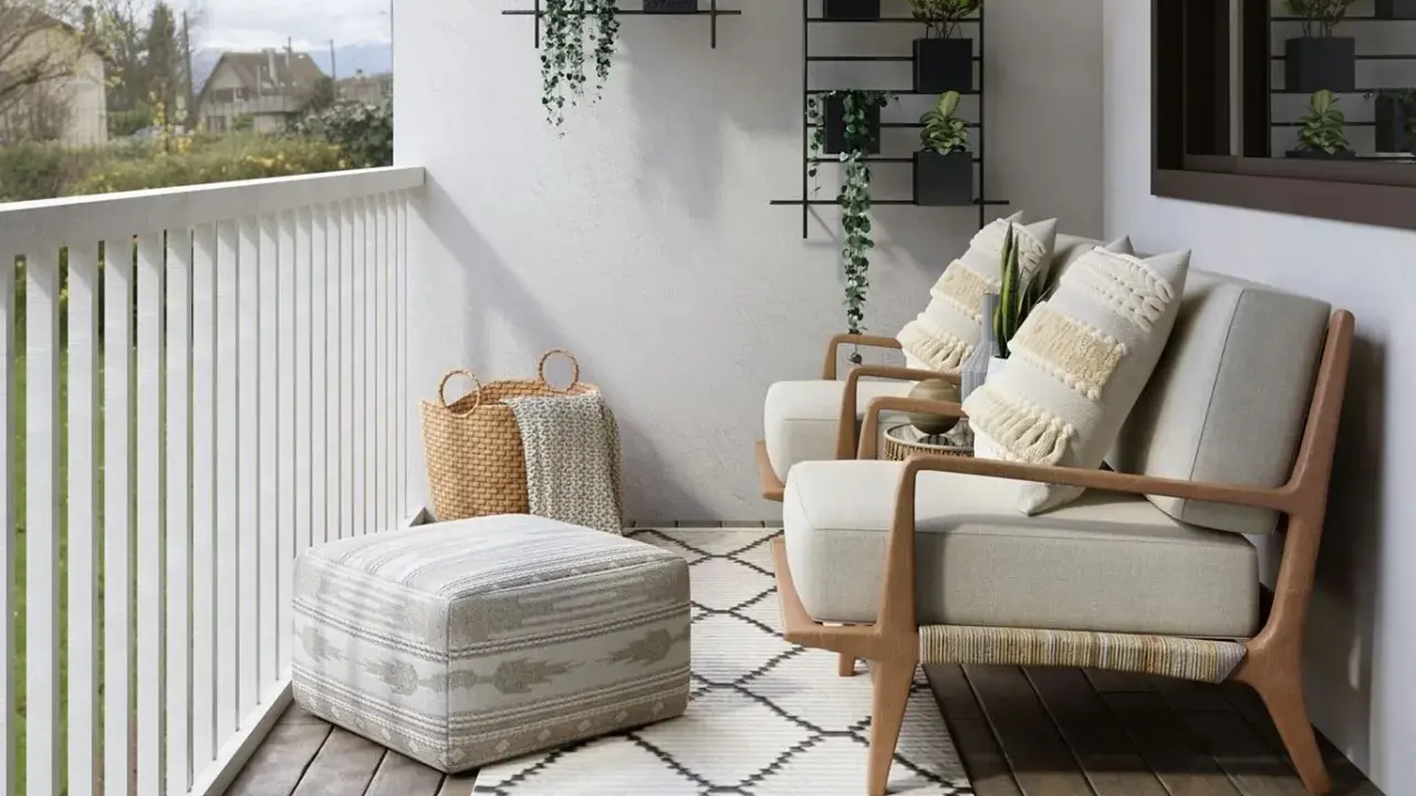 Wąski balkon w bloku inspiracje: przytulne fotele, pufy, kosze i rośliny tworzą oazę spokoju.
