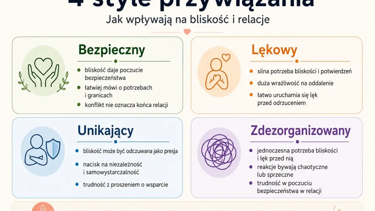 4 style przywiązania: Bezpieczny, Lękowy, Unikający, Zdezorganizowany. Każdy styl wpływa na potrzebę bliskości i relacje.