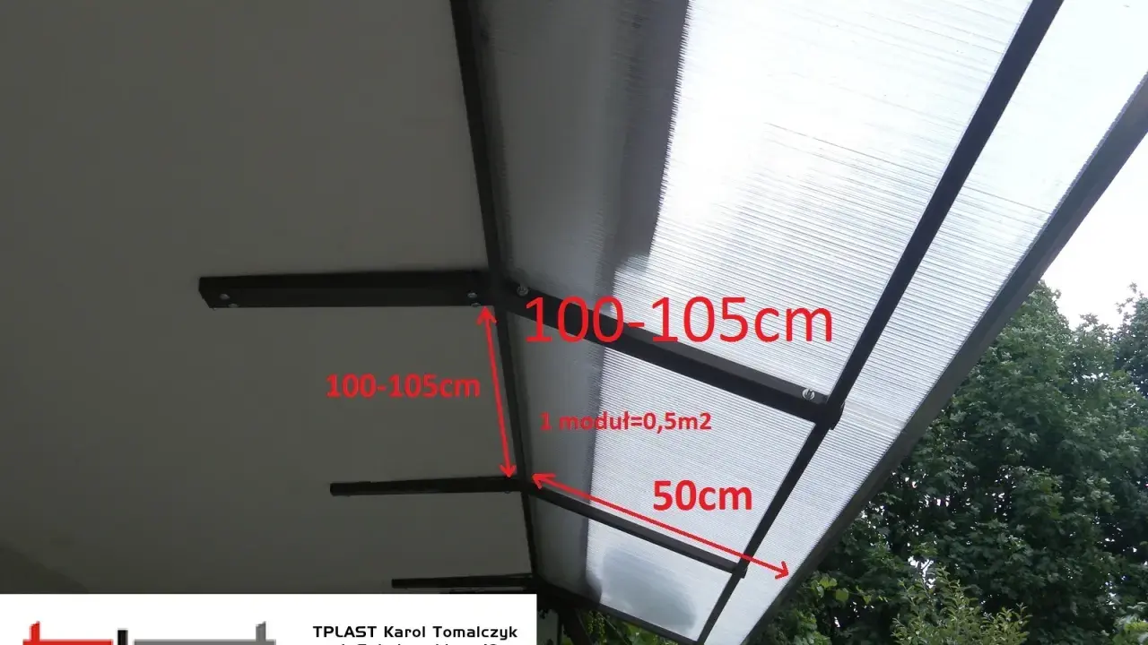 Jak zrobić daszek na balkon? Wymiary konstrukcji: 100-105cm, 50cm. Moduł 0,5m2.