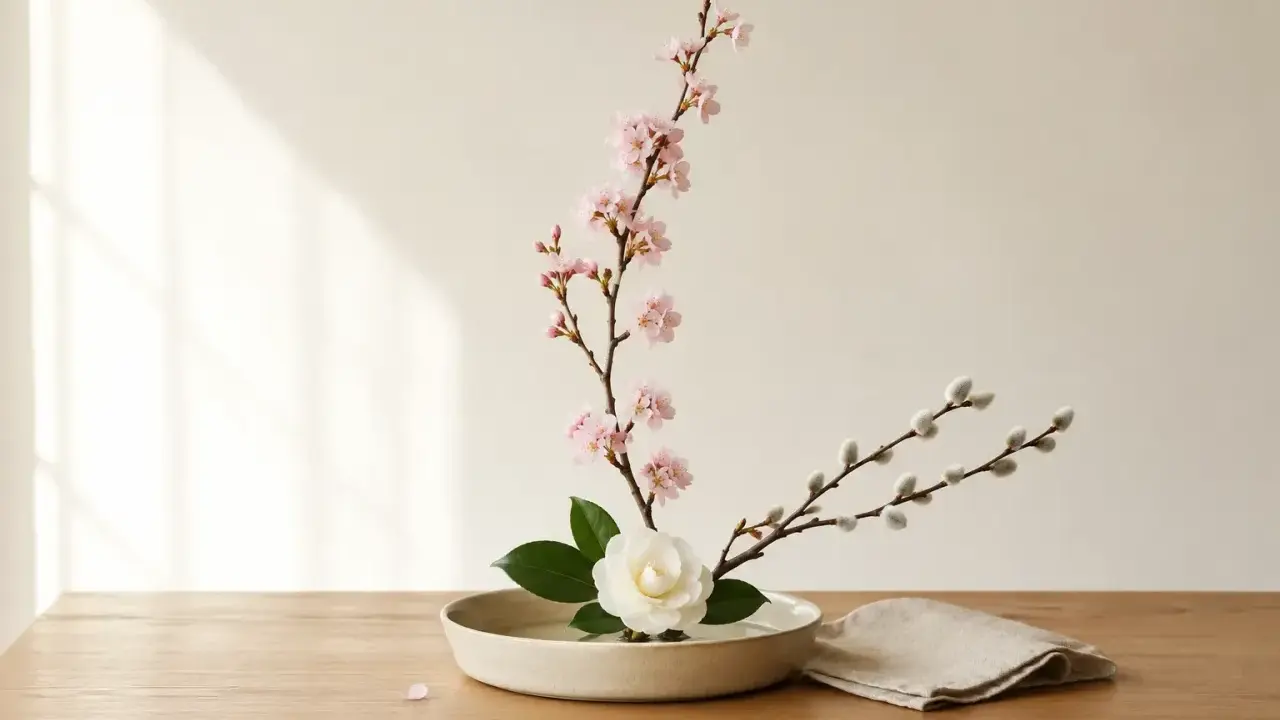 Delikatna ikebana: gałązka kwitnącej wiśni, biała kamelia i bazie w ceramicznej misie. Sztuka układania kwiatów, która uspokaja.