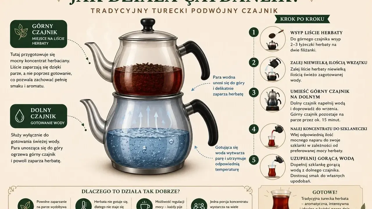 Ilustracja pokazuje, jak parzyć turecką herbatę w tradycyjnym czajniku çaydanlik. Opisuje proces krok po kroku, od wsypania liści herbaty po uzupełnienie gorącą wodą.