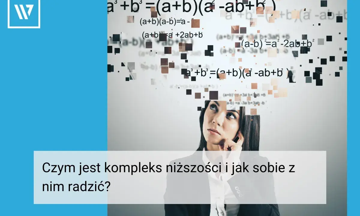 Kobieta zamyślona nad wzorami matematycznymi, które symbolizują jej wewnętrzne **kompleksy**.