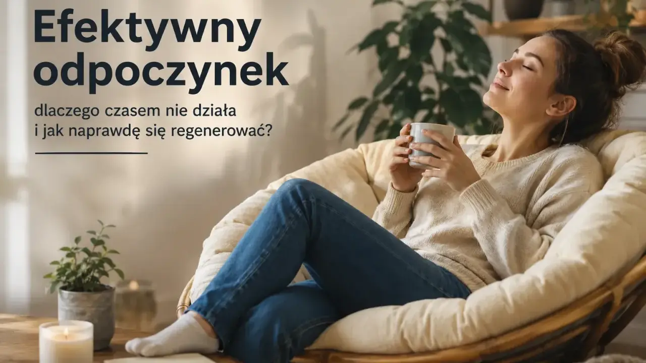 Kobieta z kubkiem w dłoniach, zrelaksowana w fotelu, uczy się, jak odpoczywać i regenerować siły.