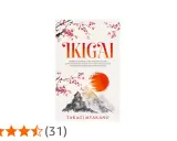Okładka książki "Ikigai co to" z japońskim krajobrazem i kwitnącą wiśnią.