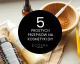 5 prostych przepisów na domowe kosmetyki DIY. W tle butelki z naturalnymi składnikami i miseczka z proszkiem.
