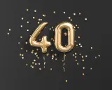 Złote balony z cyfrą 40 i konfetti na czarnym tle. Idealne na refleksje na 40 urodziny.