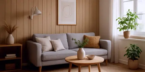 Przytulny salon z szarą kanapą, drewnianymi panelami ściennymi i roślinami. Inspiracje malowanie paneli ściennych w naturalnych barwach.
