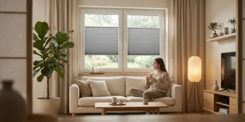 Kobieta pije kawę w salonie w stylu japandi. Jasna sofa, duża roślina i lampa tworzą przytulną atmosferę.
