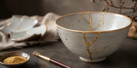 Piękna miska i talerze ozdobione złotymi żyłkami – to japońska sztuka klejenia porcelany, kintsugi.