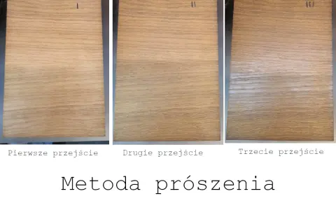 Trzy próbki drewna pokazujące efekt bielenia po kolejnych przejściach metodą prószenia.
