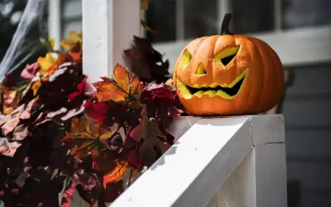 Uśmiechnięta dynia z wyciętymi oczami i zębami, otoczona jesiennymi liśćmi i pajęczyną. Idealne dekoracje z dyni ozdobnej na Halloween.