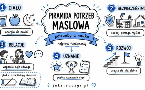 Piramida potrzeb Maslowa: ciało, bezpieczeństwo, relacje, uznanie i rozwój to fundamenty nauki.