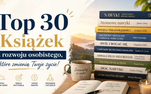 Top 30 książek z rozwoju osobistego, które zmieniają Twoje życie. Stosik inspirujących tytułów, kubek z napisem "Zainwestuj w siebie" i notatnik z hasłem "Małe kroki każdego dnia = Wielkie zmiany".