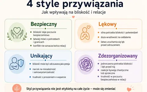 4 style przywiązania: Bezpieczny, Lękowy, Unikający, Zdezorganizowany. Każdy styl wpływa na potrzebę bliskości i relacje.