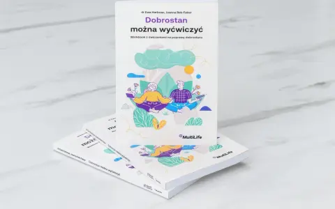 Książka "Dobrostan można wyćwiczyć" z ilustracją pary medytującej. Pomaga żyć i szczęśliwym być.