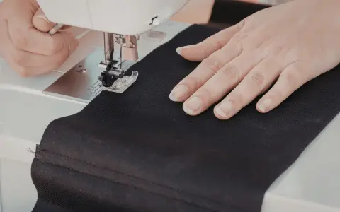 Ręce szyją czarną tkaninę na maszynie. Powstaje torba DIY.