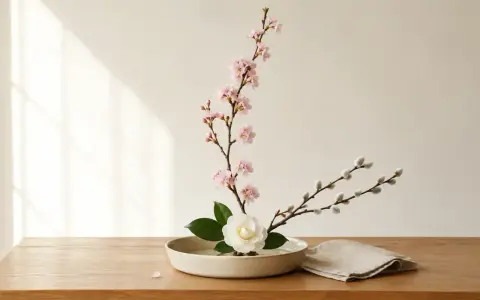 Delikatna ikebana: gałązka kwitnącej wiśni, biała kamelia i bazie w ceramicznej misie. Sztuka układania kwiatów, która uspokaja.