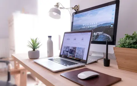 Idealna organizacja biurka w pracy: laptop, monitor, lampka, roślina i butelka wody.