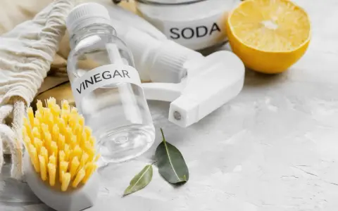Naturalne środki do czyszczenia mikrofali: ocet, soda, cytryna i szczotka.