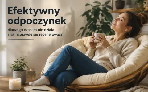 Kobieta z kubkiem w dłoniach, zrelaksowana w fotelu, uczy się, jak odpoczywać i regenerować siły.