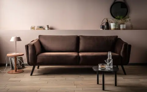 Elegancka brązowa kanapa w salonie. Delikatny różowy kolor ścian i subtelne dodatki pokazują, jaki kolor pasuje do brązu, tworząc przytulną atmosferę.