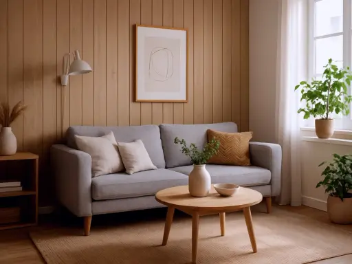 Przytulny salon z szarą kanapą, drewnianymi panelami ściennymi i roślinami. Inspiracje malowanie paneli ściennych w naturalnych barwach.