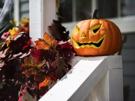 Uśmiechnięta dynia z wyciętymi oczami i zębami, otoczona jesiennymi liśćmi i pajęczyną. Idealne dekoracje z dyni ozdobnej na Halloween.
