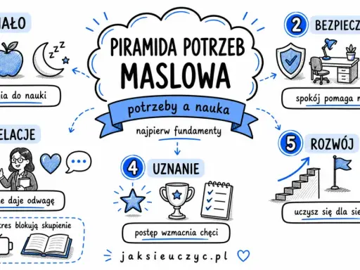 Piramida potrzeb Maslowa: ciało, bezpieczeństwo, relacje, uznanie i rozwój to fundamenty nauki.