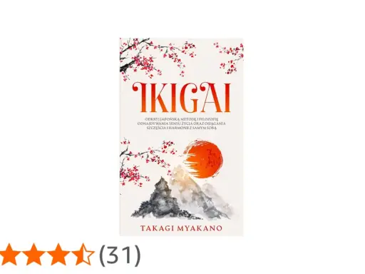 Okładka książki "Ikigai co to" z japońskim krajobrazem i kwitnącą wiśnią.