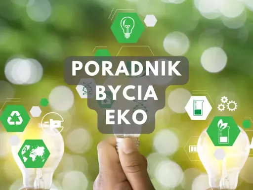 Poradnik jak być ekologicznym. Ręka trzyma żarówkę z ikonami symbolizującymi zrównoważony rozwój i troskę o planetę.