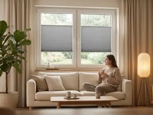 Kobieta pije kawę w salonie w stylu japandi. Jasna sofa, duża roślina i lampa tworzą przytulną atmosferę.