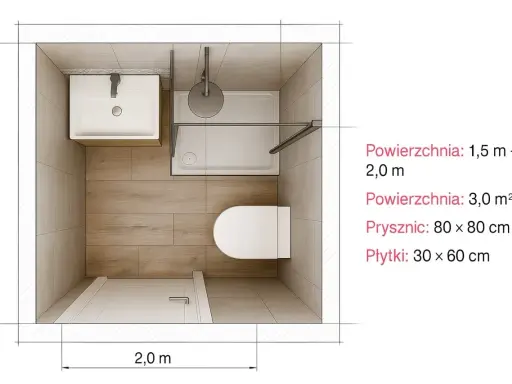 Kompaktowa aranżacja małej łazienki z prysznicem 3m2. Widok z góry na umywalkę, toaletę i brodzik prysznicowy.