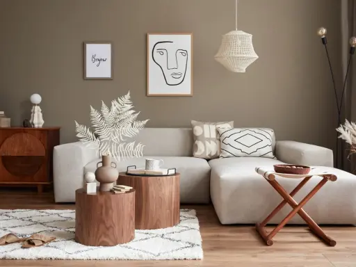 Przytulny salon w stylu feng shui z beżową sofą, drewnianymi stolikami i dekoracjami.