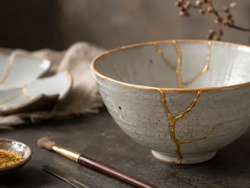 Piękna miska i talerze ozdobione złotymi żyłkami – to japońska sztuka klejenia porcelany, kintsugi.