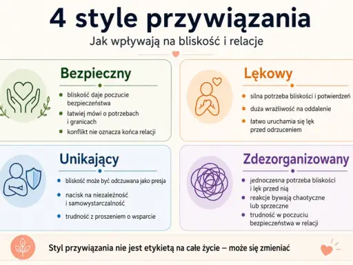4 style przywiązania: Bezpieczny, Lękowy, Unikający, Zdezorganizowany. Każdy styl wpływa na potrzebę bliskości i relacje.