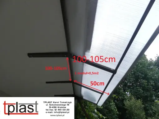 Jak zrobić daszek na balkon? Wymiary konstrukcji: 100-105cm, 50cm. Moduł 0,5m2.