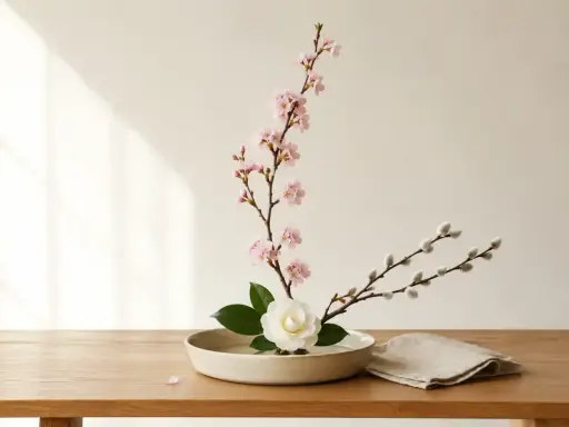 Delikatna ikebana: gałązka kwitnącej wiśni, biała kamelia i bazie w ceramicznej misie. Sztuka układania kwiatów, która uspokaja.