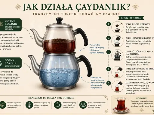 Ilustracja pokazuje, jak parzyć turecką herbatę w tradycyjnym czajniku çaydanlik. Opisuje proces krok po kroku, od wsypania liści herbaty po uzupełnienie gorącą wodą.
