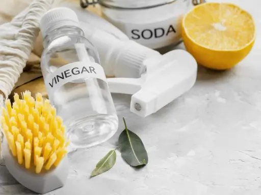 Naturalne środki do czyszczenia mikrofali: ocet, soda, cytryna i szczotka.
