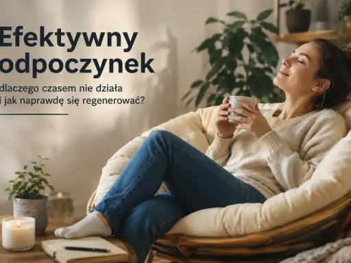 Kobieta z kubkiem w dłoniach, zrelaksowana w fotelu, uczy się, jak odpoczywać i regenerować siły.