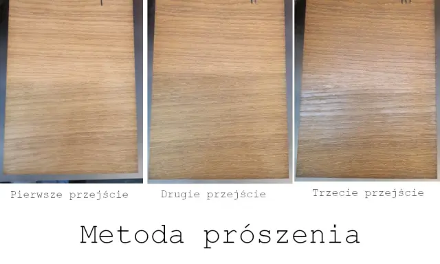 Trzy próbki drewna pokazujące efekt bielenia po kolejnych przejściach metodą prószenia.