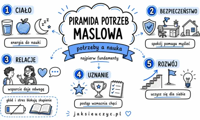 Piramida potrzeb Maslowa: ciało, bezpieczeństwo, relacje, uznanie i rozwój to fundamenty nauki.