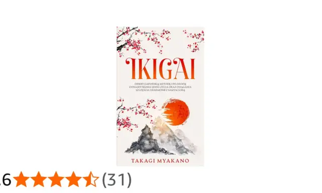 Okładka książki "Ikigai co to" z japońskim krajobrazem i kwitnącą wiśnią.
